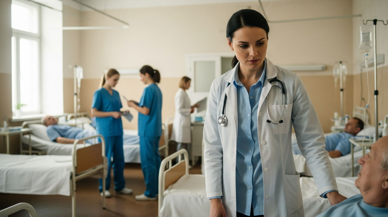 Врачи осматривают пациентов в палате
